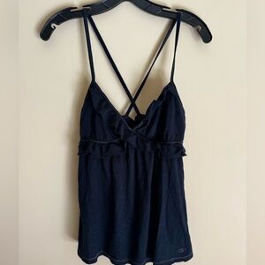 Navy blue ruffle camisole tank top with crisscross back straps